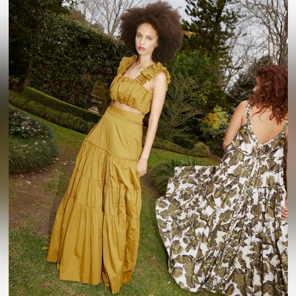 AJE  CASABLANCA BRAIDED TIERED MAXI SKIRT IN OLIVE GREEN boho quiet luxury - Picture 3 of 13